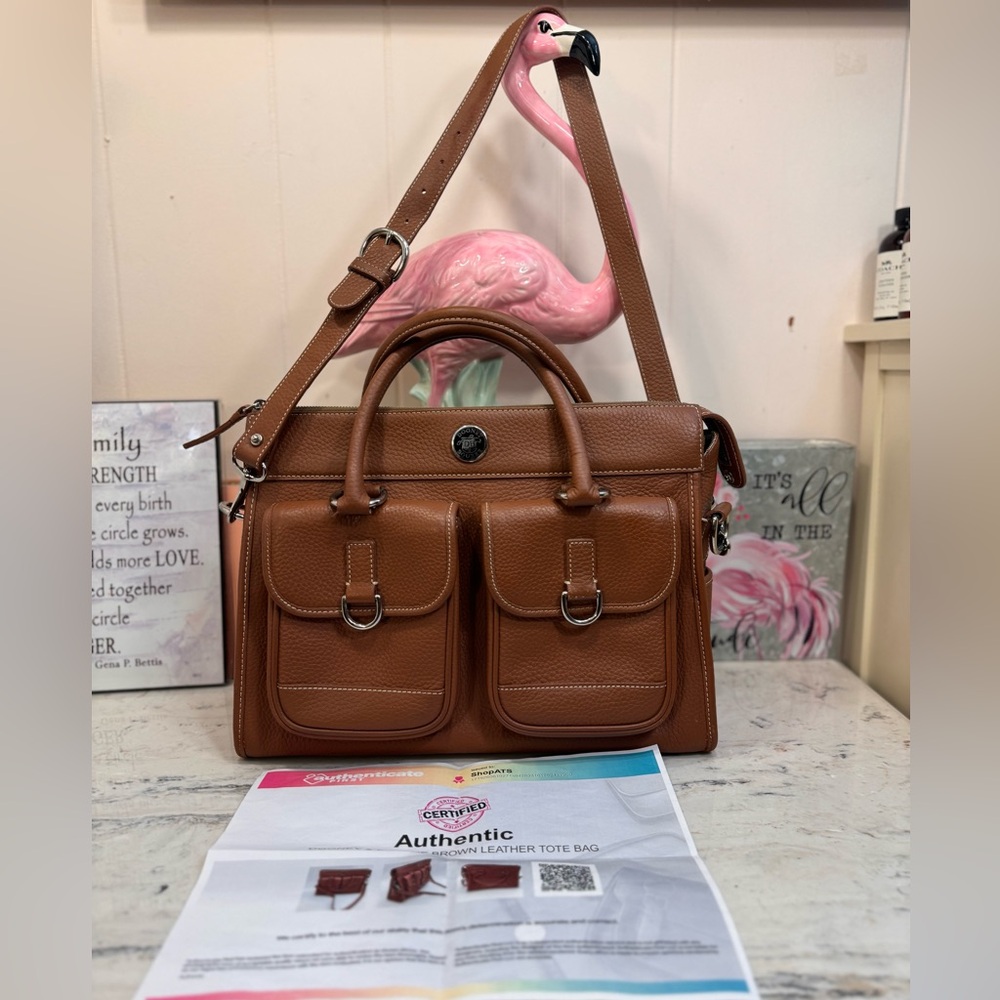 Dooney & Bourke Double Pocket Tote Brown Pebbled Leather